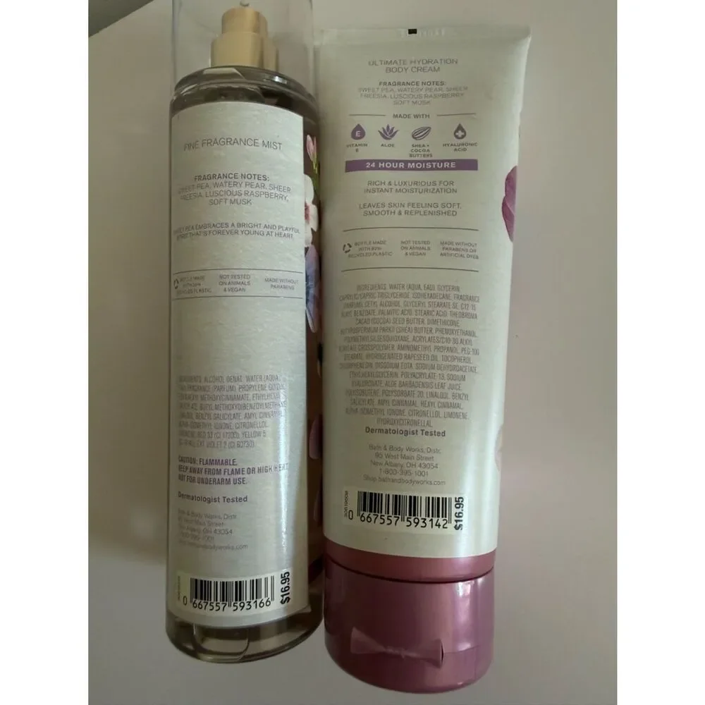 Bath & Body Works Sweet Pea Fragrance Mist & Body Cream Set Women New